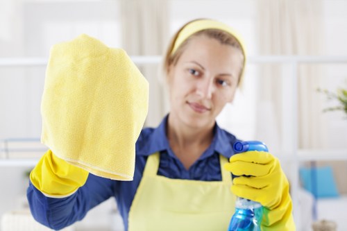 Carpet cleaning technician preparing equipment safely in a home