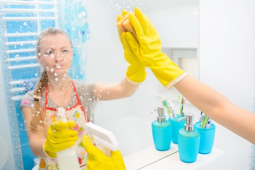 Safety review of cleaning products and work area before carpet cleaning
